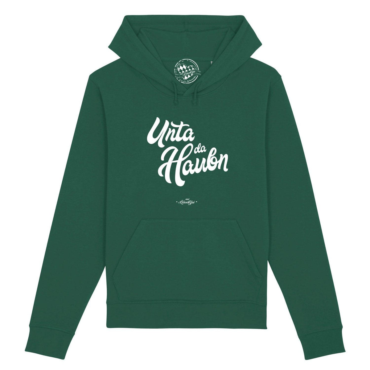 Grüner Damen Hoodie Unta da Haubn mit weißem Schriftzug, Kapuze und Bauchtasche.