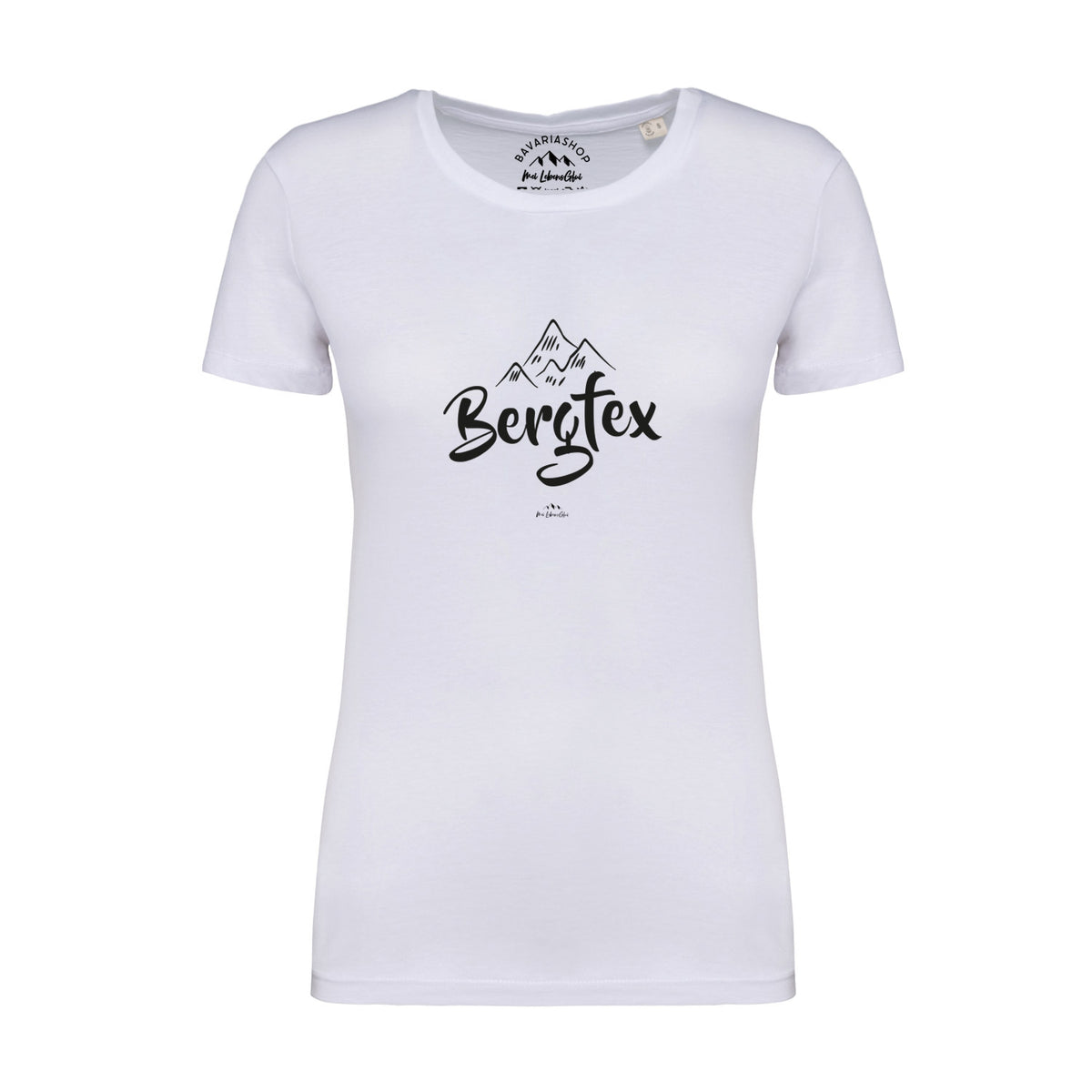 Weißes Damen T-Shirt Bergfex mit schwarzem Bergschriftzug.