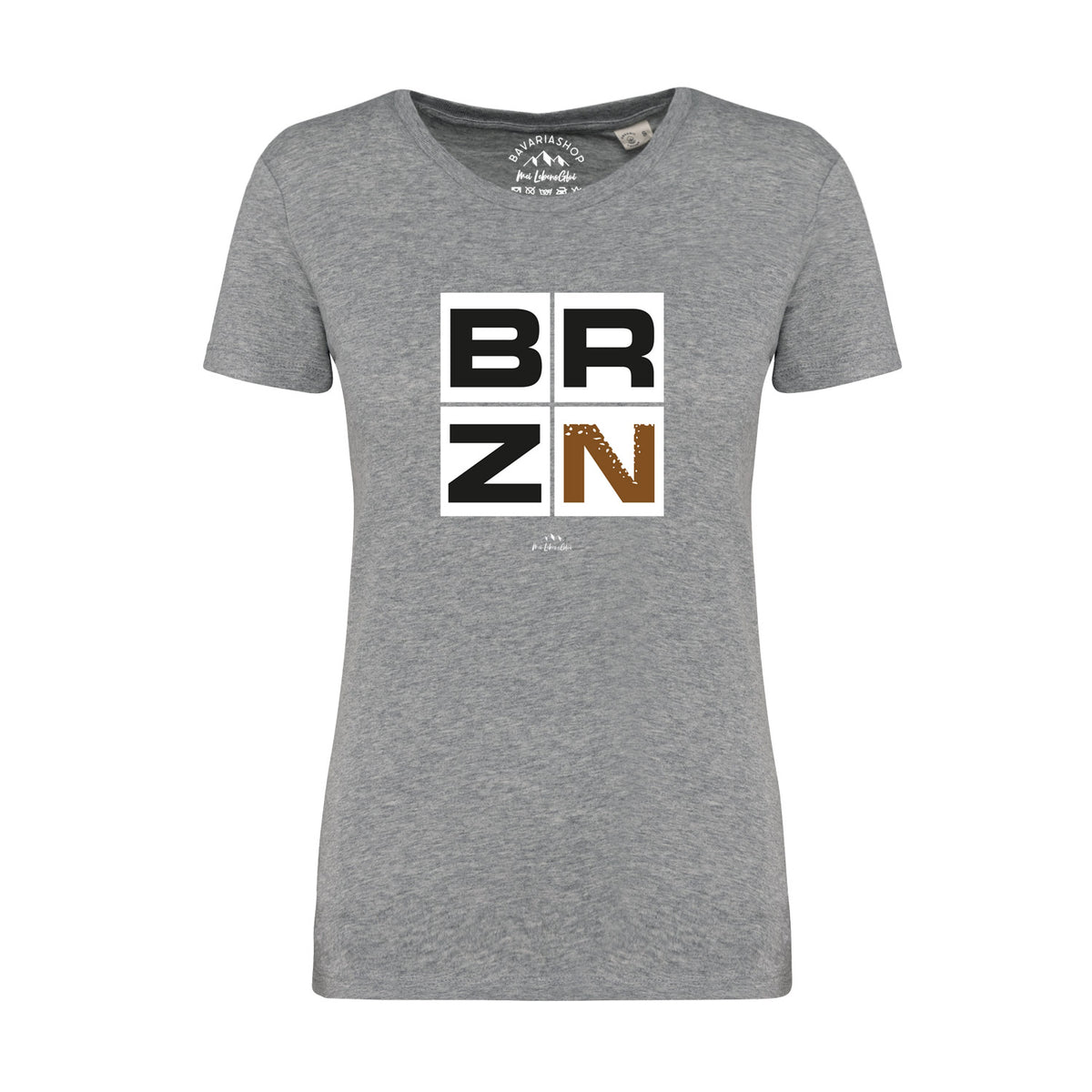 Graues Damen T-Shirt BRZN mit schwarzem und braunem Buchstaben-Print auf hellem Hintergrund (BRZN).