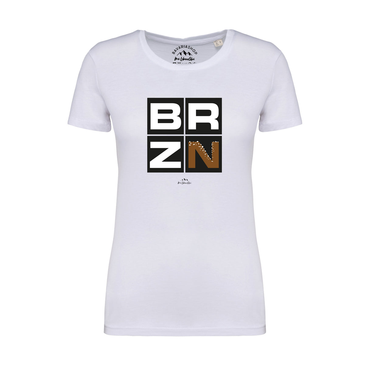 Weißes Damen T-Shirt BRZN mit modernem Aufdruck in Schwarz und Braun auf der Brust, ideal für Freizeitlooks.