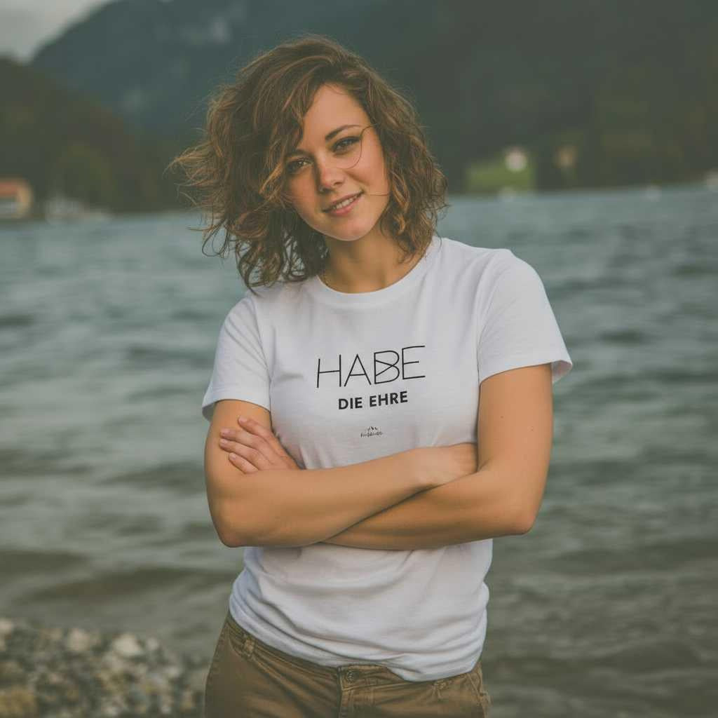 Junge Frau trägt weißes Damen T-Shirt Habe die Ehre lächelnd am See mit Bergen im Hintergrund.