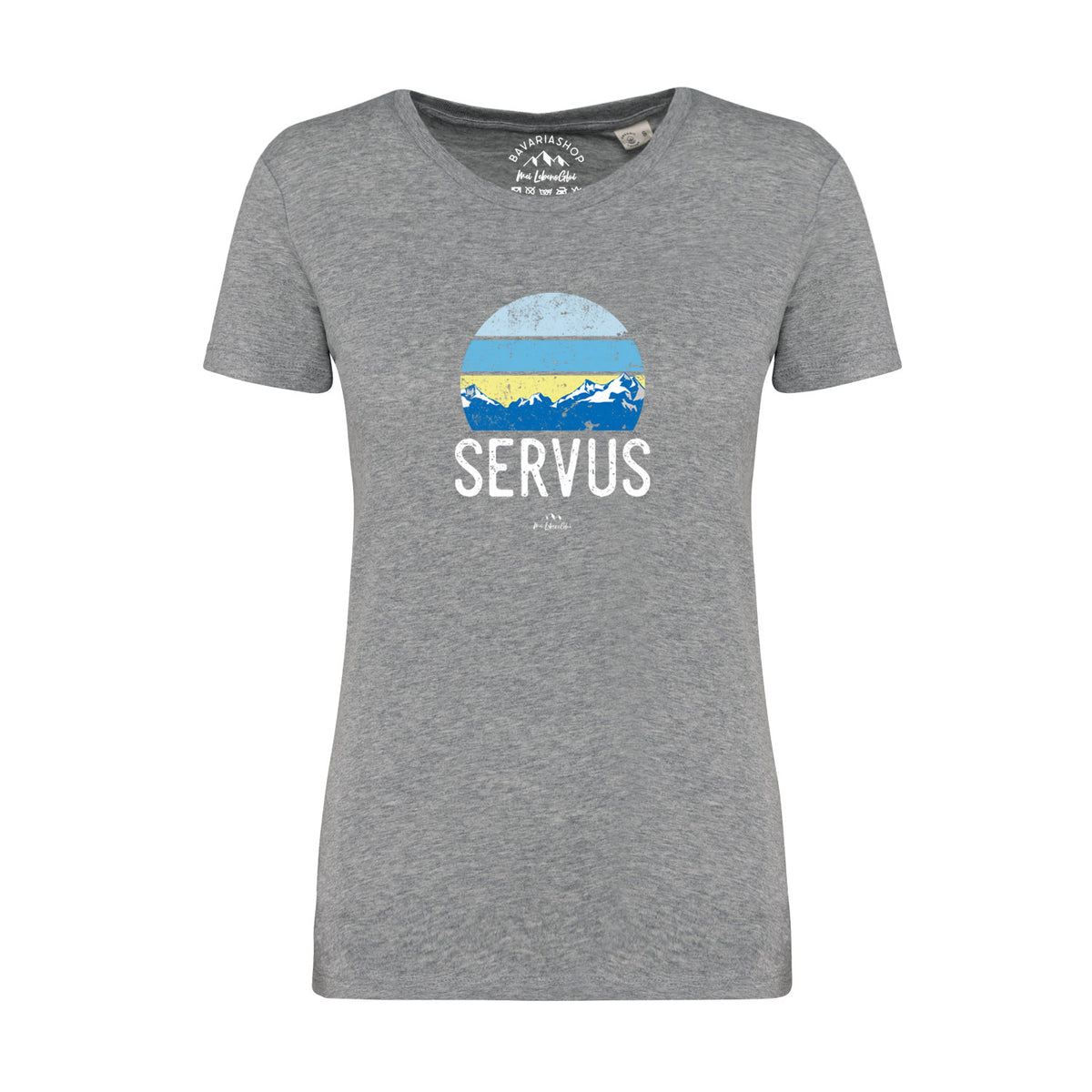 Grau meliertes Damen T-Shirt "Servus" mit Bergmotiv und Rundhalsausschnitt aus Baumwolle.