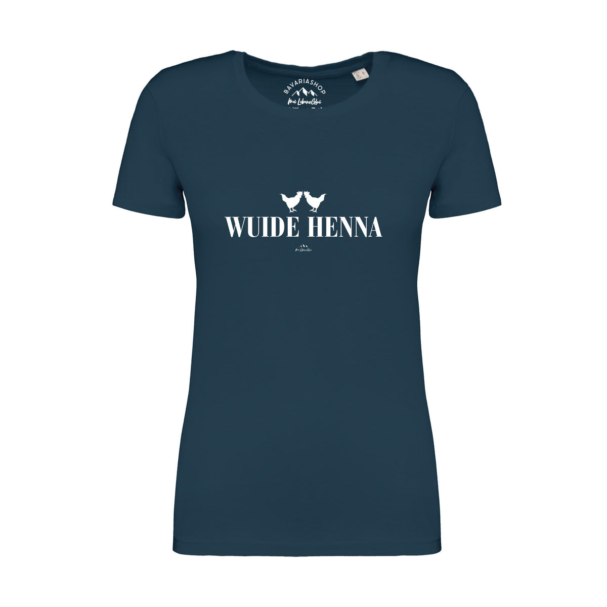Dunkelblaues Damen T-Shirt "Wuide Henna" mit weißem Schriftzug und zwei Hühner-Silhouetten.
