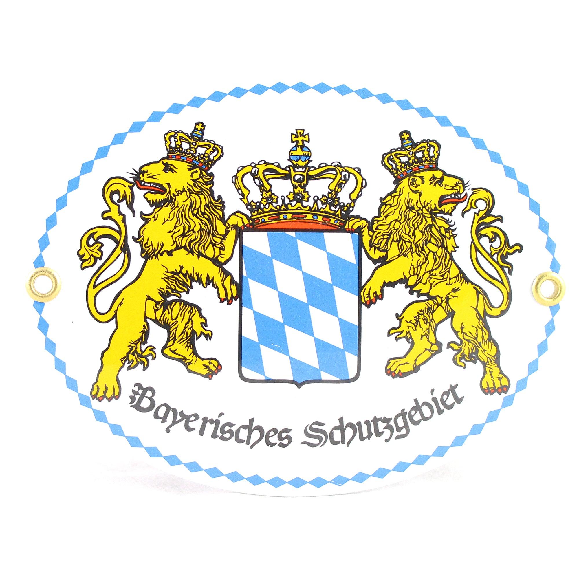 Ovales Vintage Blechschild Bayern Wappen mit Löwen, Krone und Rautenmuster, Aufschrift "Bayerisches Schutzgebiet