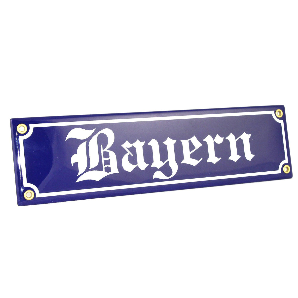 Dunkelblaues Emaille-Schild mit weißer Barockschrift Bayern und Ecken im Retro-Design, goldene Ösen.