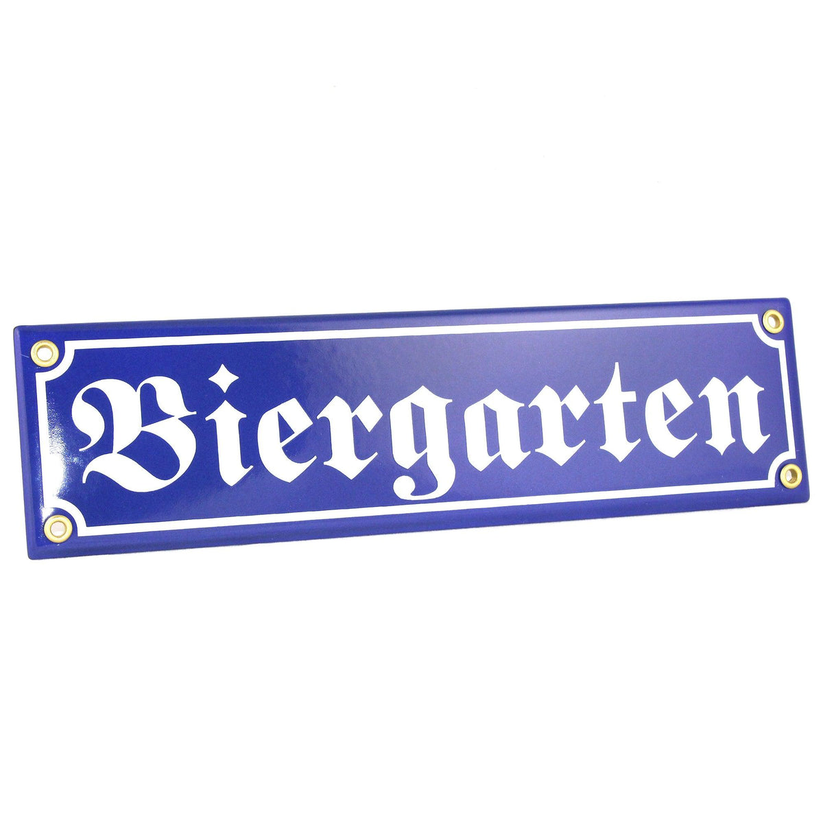 Blaues Emaille-Schild mit weißer Schrift "Biergarten" und vier goldenen Befestigungspunkten für Wandmontage.