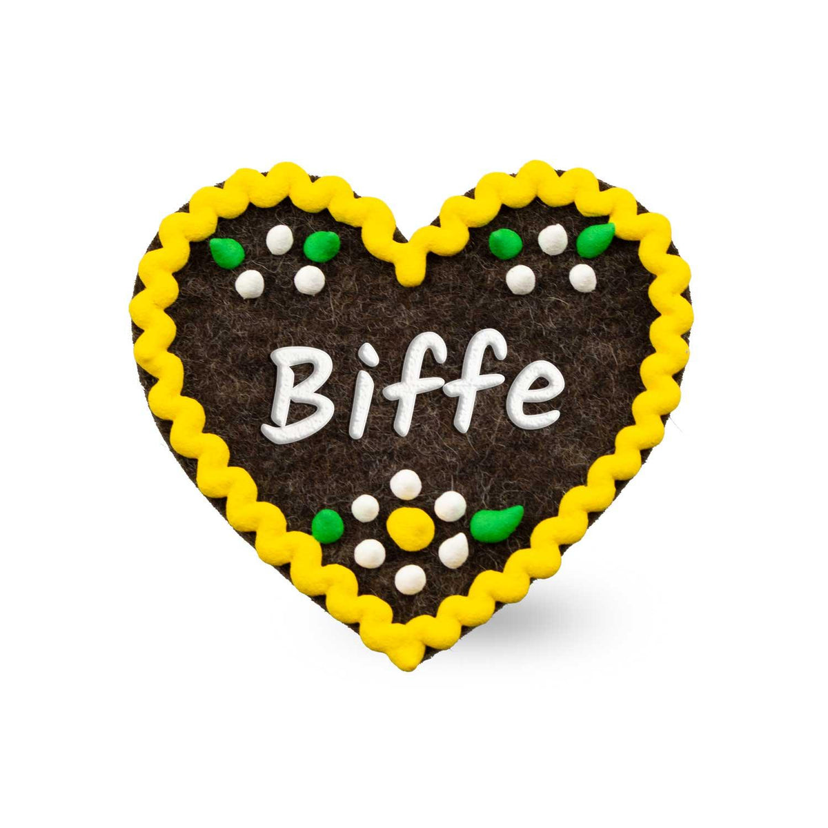 Brauner Filzherz-Anstecker "Biffe" mit gelbem Rand und bunten Blumenornamenten, ideal für Trachtenoutfits.