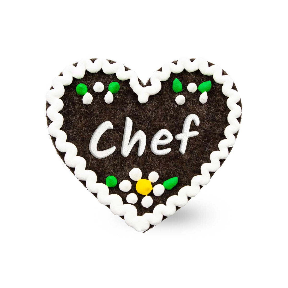 Filzherz-Anstecker Chef in Dunkelbraun mit weißer Zierlinie und farbigen Zuckerblüten ähnlich einem Lebkuchenherz.