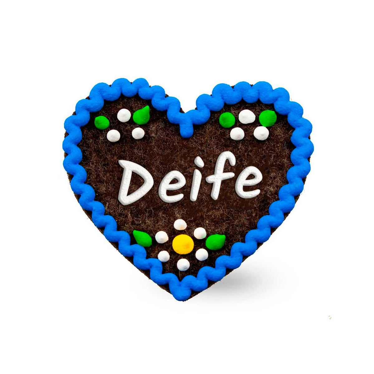 Brauner Filzherz-Anstecker "Deife" mit blauem wellenförmigem Rand und weißer Aufschrift, verziert mit bayerischen Blumen.