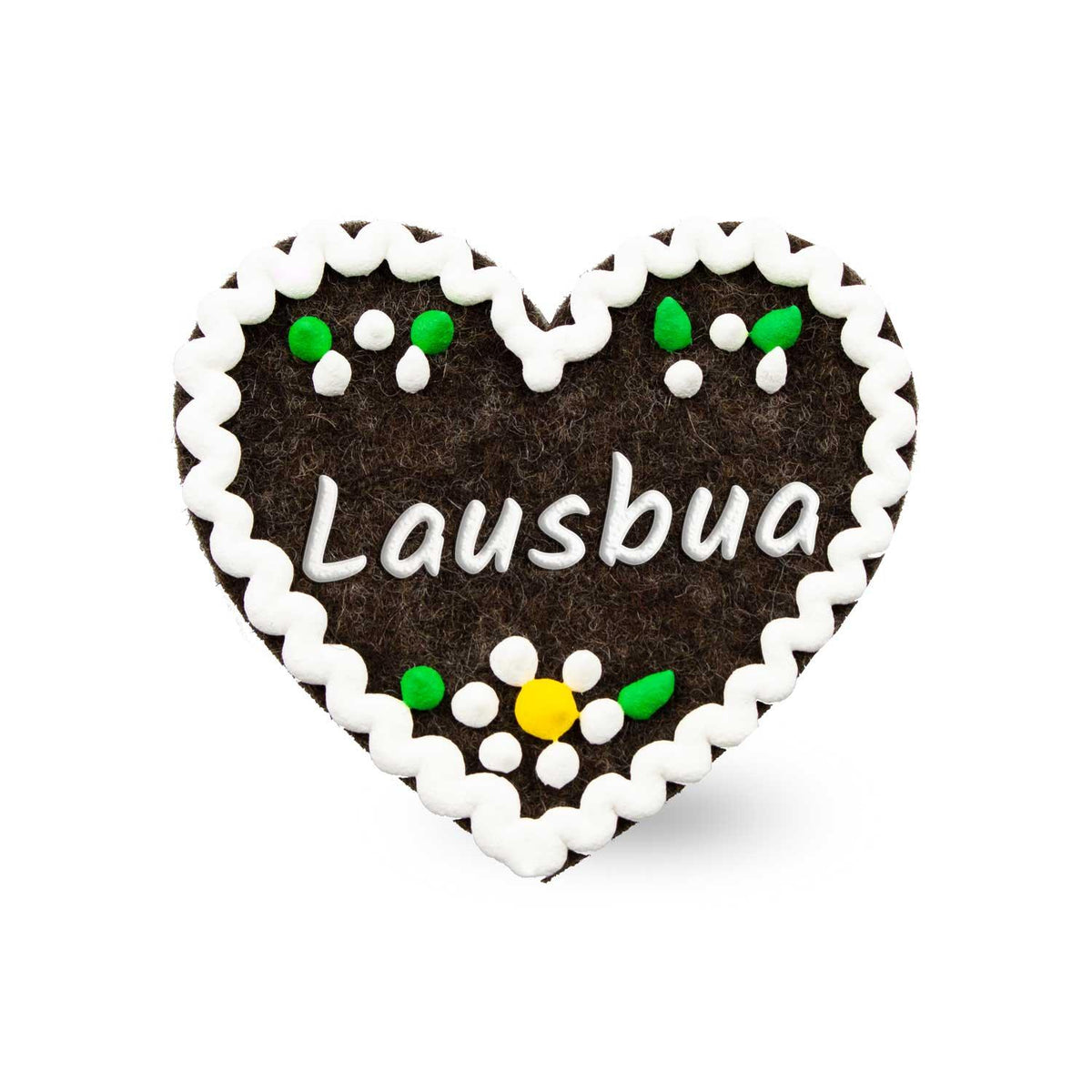 Brauner Filzherz-Anstecker "Lausbua" mit weißer Kontur, grünen Blättern und gelber Blume im Lebkuchen-Design.