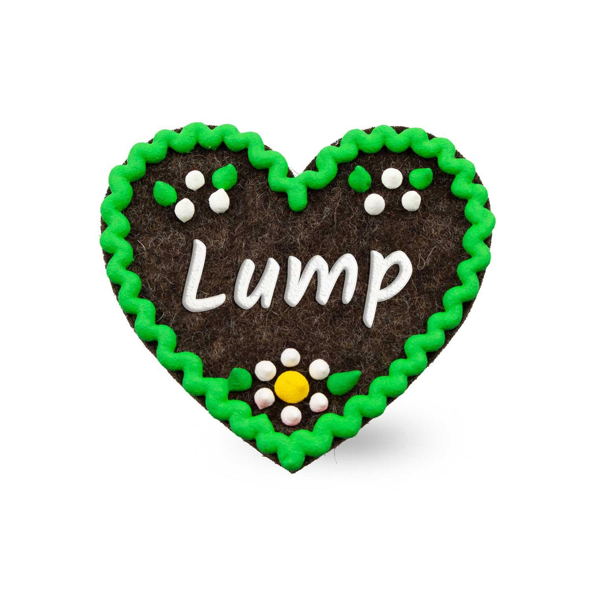 Filzherz-Anstecker "Lump" aus braunem Filz mit grünem Rand, weißen Punkten und einer Blume.