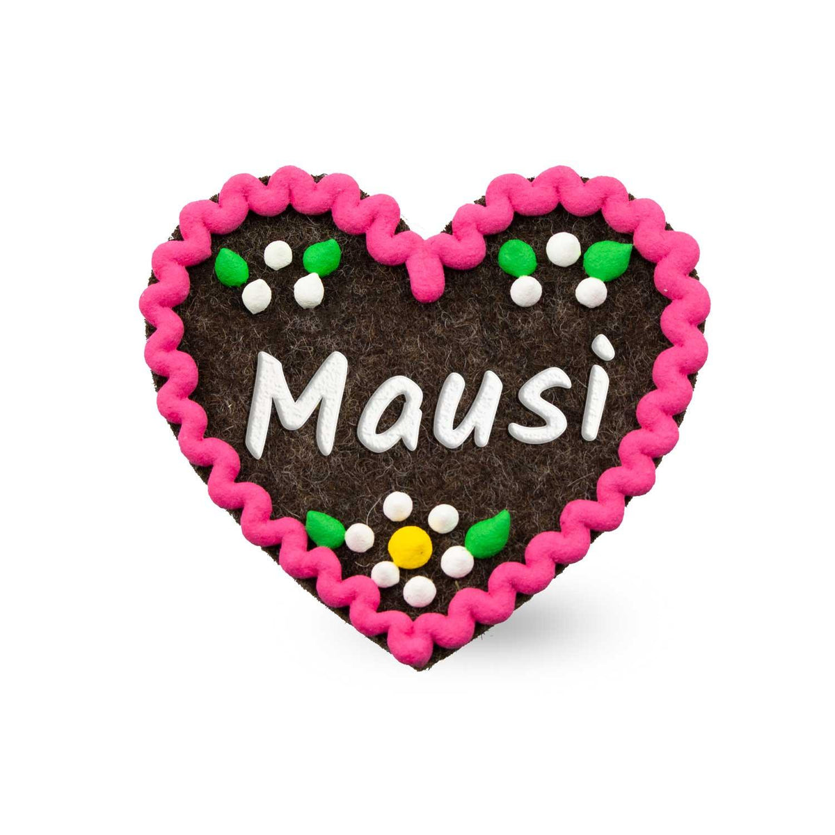 Brauner Filzherz-Anstecker Mausi mit pinker Zierborte und weißen Blumenapplikationen, Trachtenaccessoire.