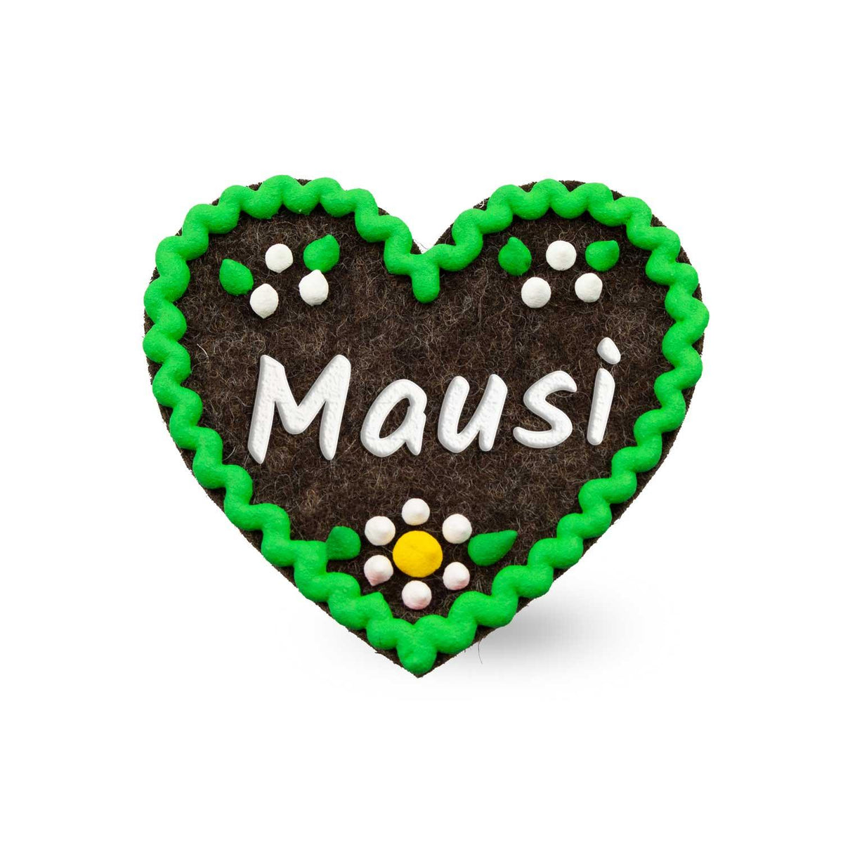 Brauner Filzherz-Anstecker "Mausi" mit grünem Rand, weißen Punkten und einer Blume als Verzierung.