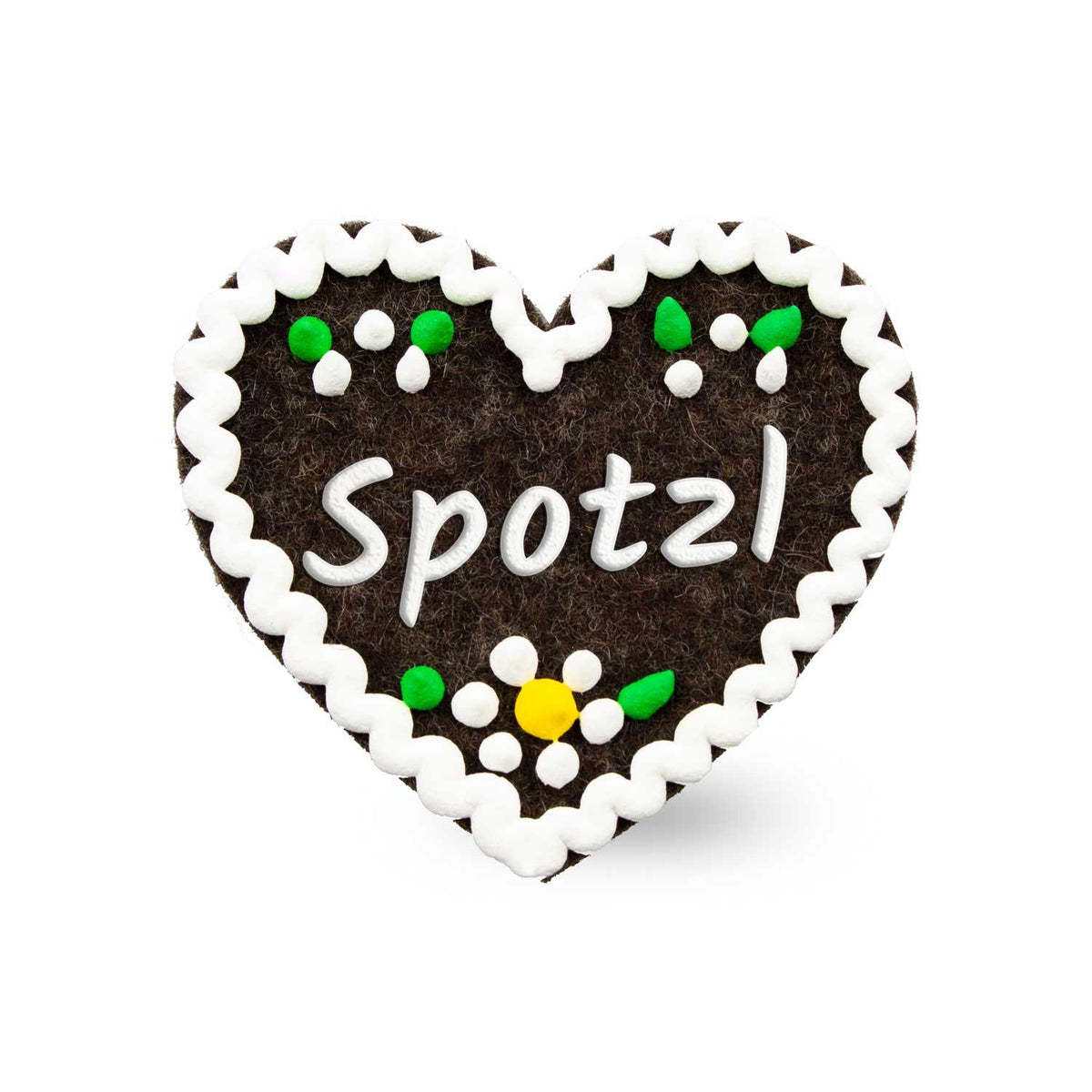 Dunkelbrauner Filzherz-Anstecker Spotzl mit weißer Schrift, weißer Zackenborte und bunten Blütenapplikationen.