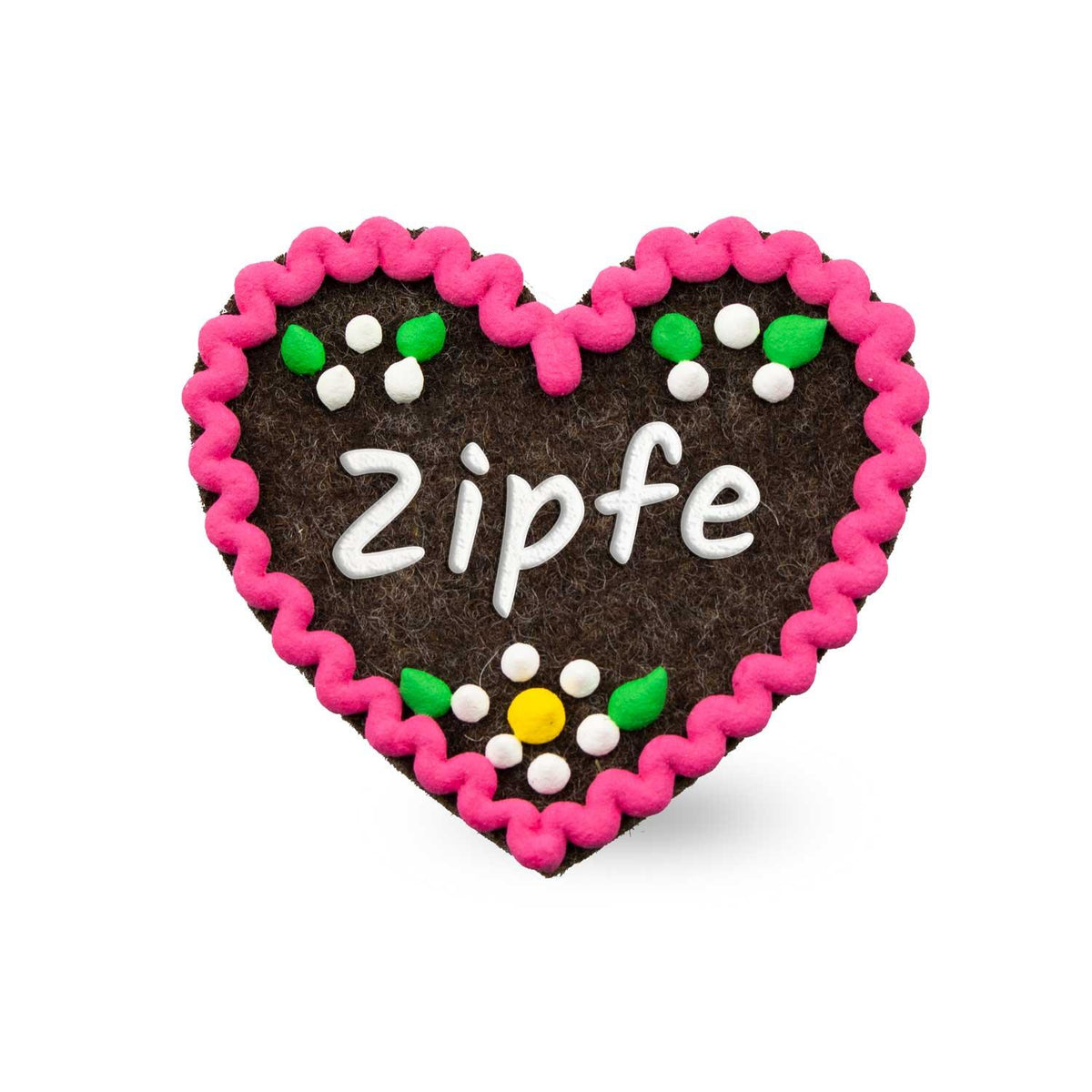 Brauner Filzherz-Anstecker "Zipfe" mit pinkfarbenem Wellenrand, weißer Schrift und Blumenverzierungen.