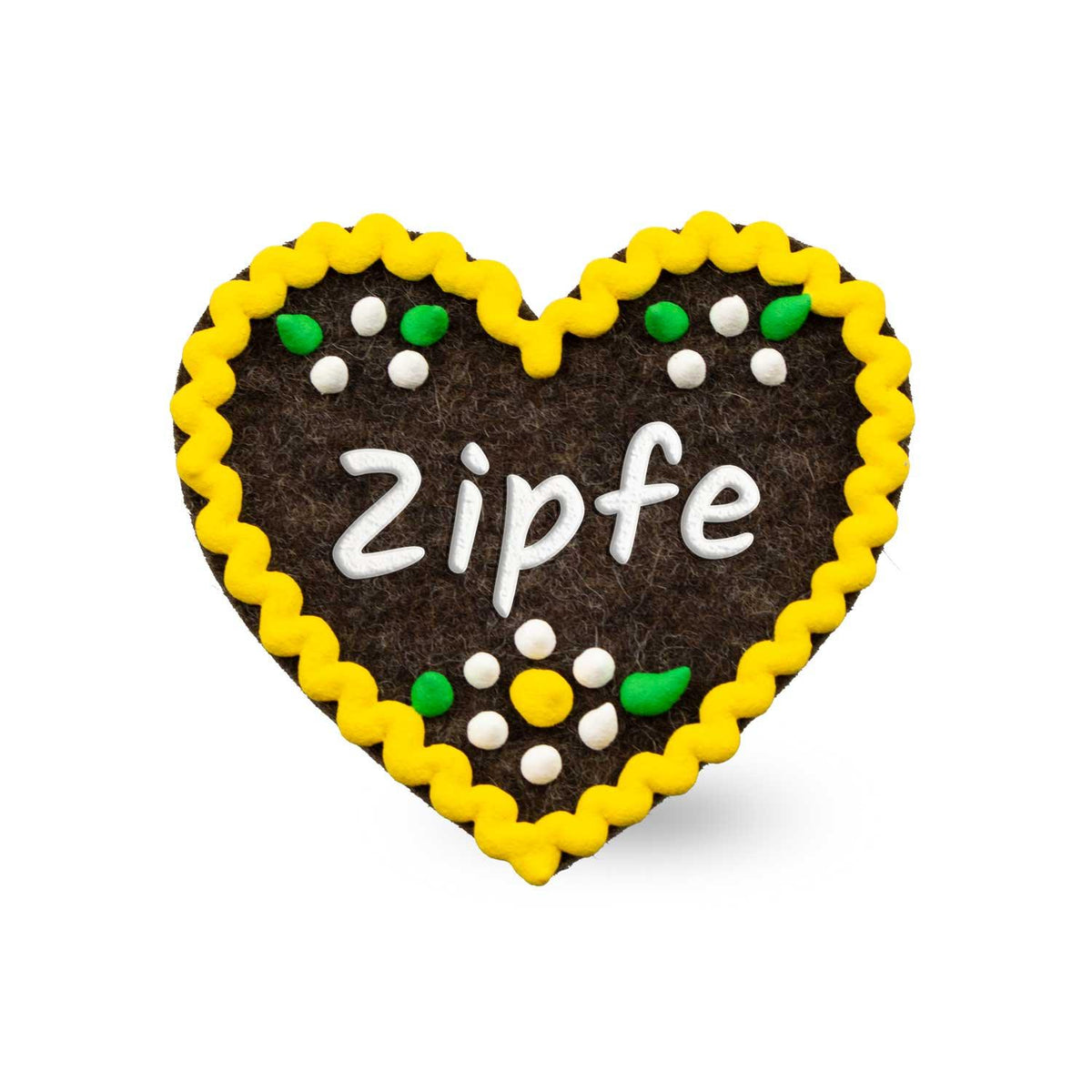 Filzherz-Anstecker Zipfe in Braun mit gelbem Rand, weißer Schrift und bunten Filzblumen.
