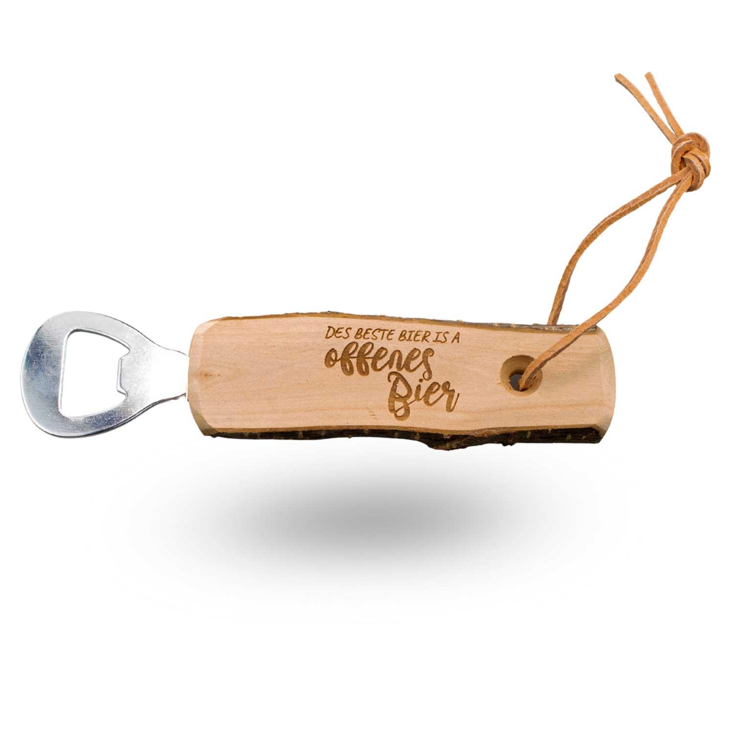 Flaschenöffner Des beste Bier is a offenes Bier aus Holz mit Metall, Lederschlaufe und Gravur