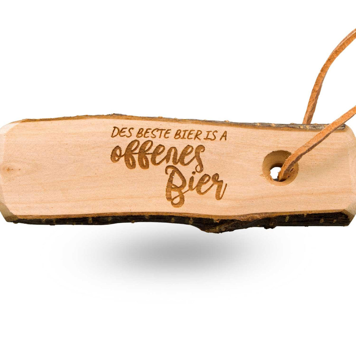 Holz Flaschenöffner Des beste Bier is a offenes Bier mit Lederband und rustikaler Kante, Bier Accessoire