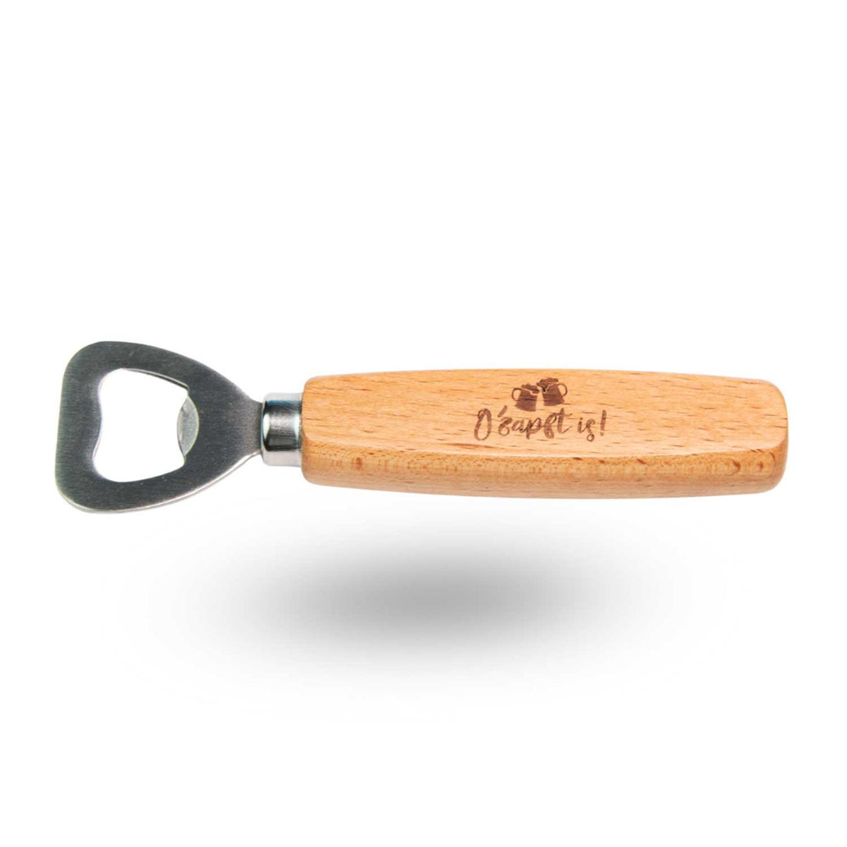 Flaschenöffner O'zapft is mit hellem Holzgriff und Gravur zweier Bierkrüge, Oktoberfest Accessoire.
