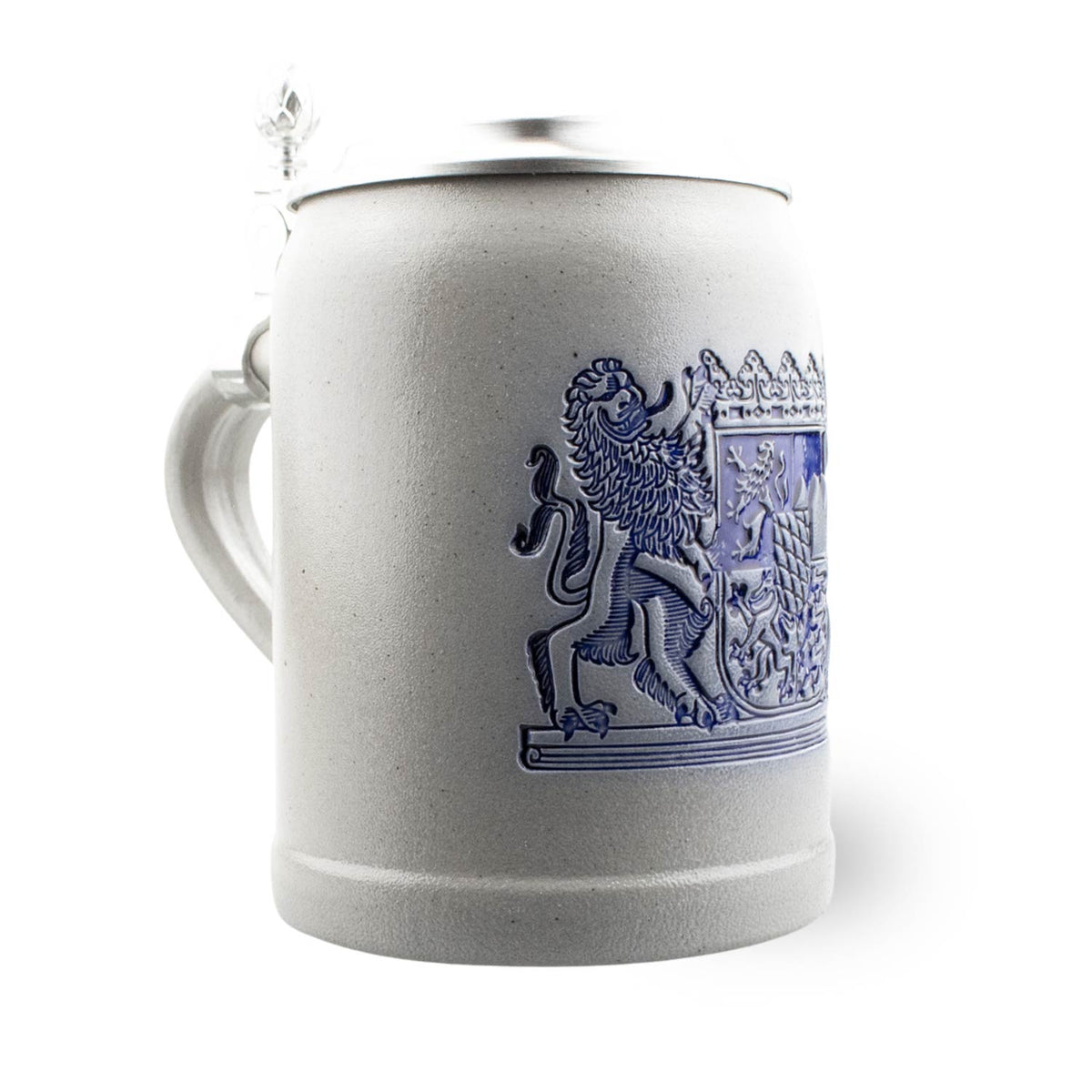 Grauer Steinzeug Bierkrug mit blauem bayerischem Wappen, Zinndeckel und seitlichem Henkel, ideal für Sammler.