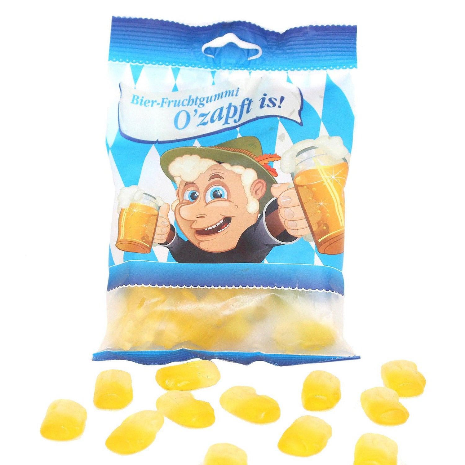Beutel Fruchtgummi O´zapft is mit Bierkrug-Motiv und verstreuten gelben Fruchtgummis in Bierkrugform.