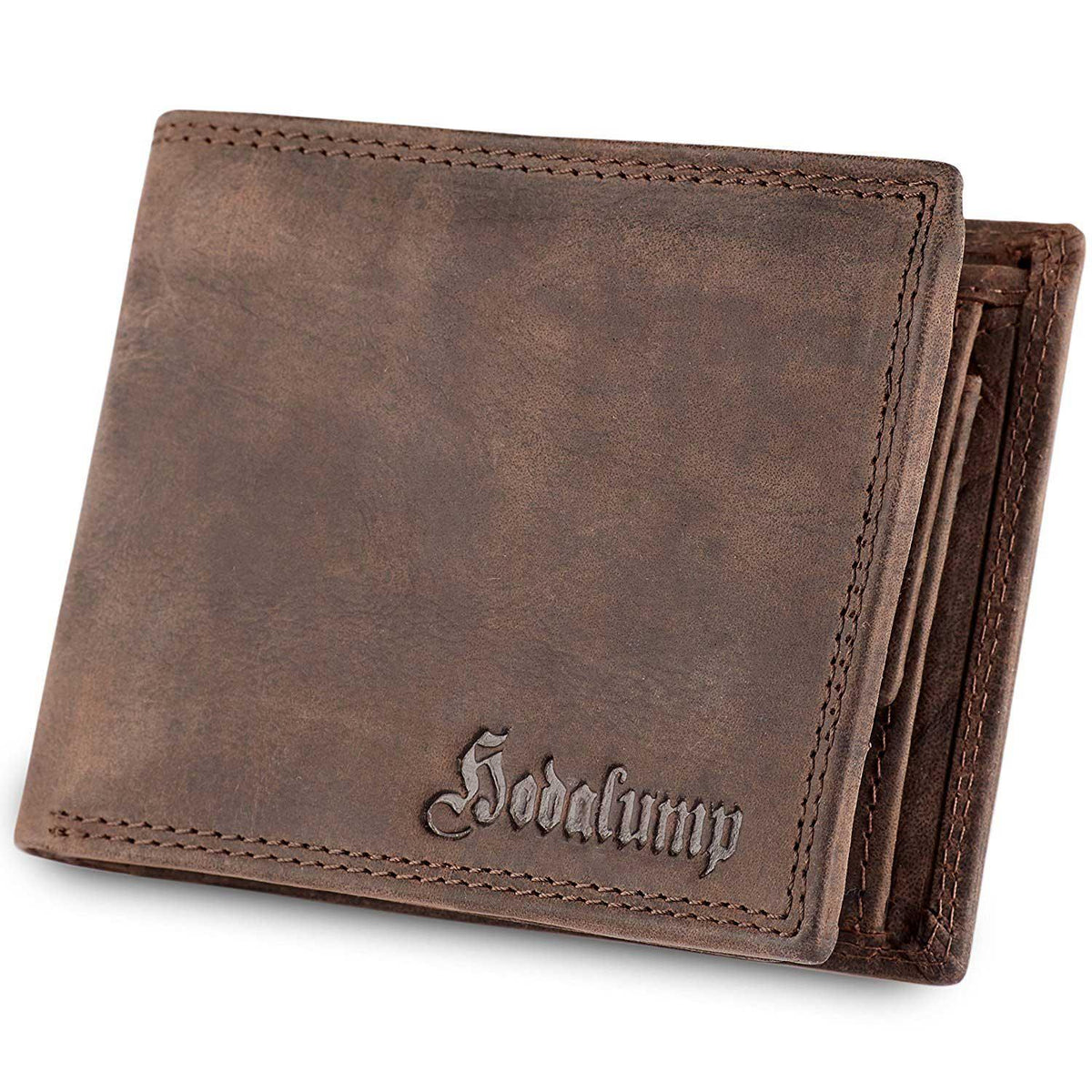 Hochwertiges dunkelbraunes Leder Portemonnaie mit "Sodalump" Prägung und feinen Nähten, geöffnet im Shop.