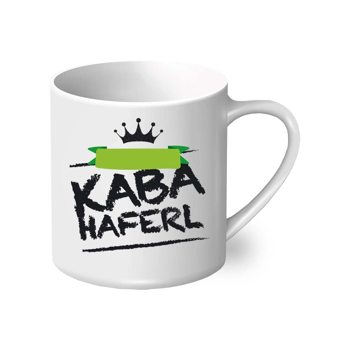 Geschenkbox Fias Lausdirndl: Weiße Keramiktasse mit schwarzem KABA HAFERL Aufdruck und grüner Krone, ideal als Geschenk.