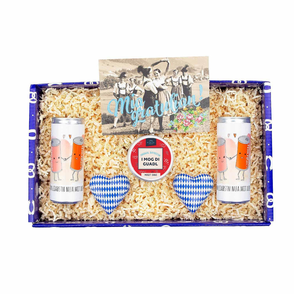 Geschenkbox Ois Guade zur Hochzeit mit Glückwünschkarte, Dose, zwei Dosengetränken und Herzen