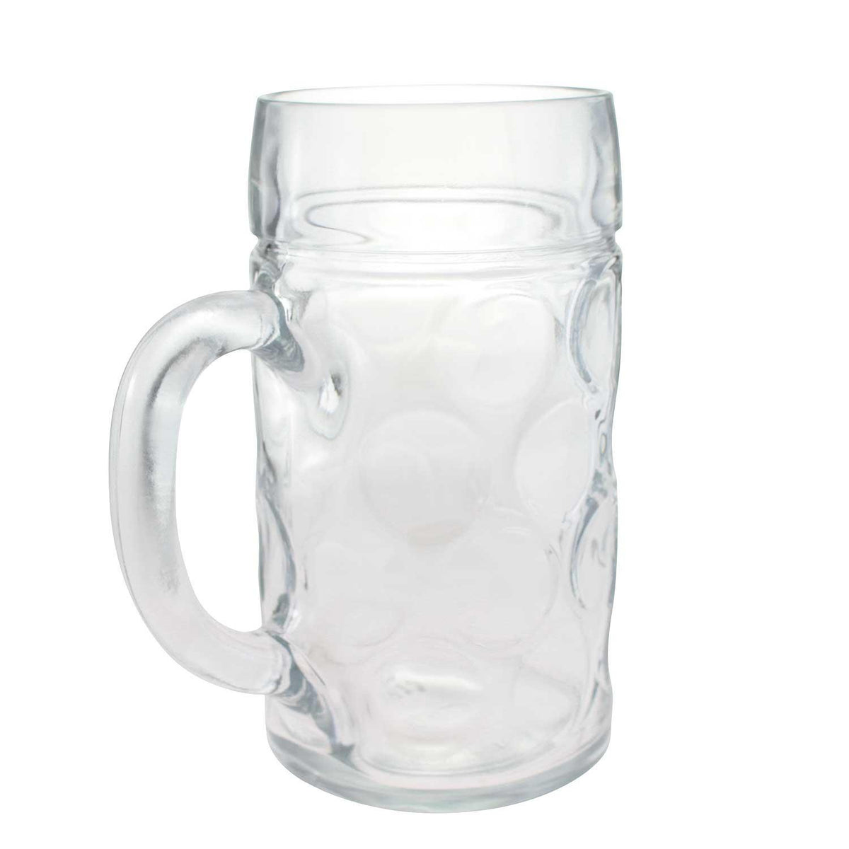 Klassischer Glasbierkrug mit Henkel und traditioneller Noppenstruktur für 1 Liter Füllmenge, transparentes Design.