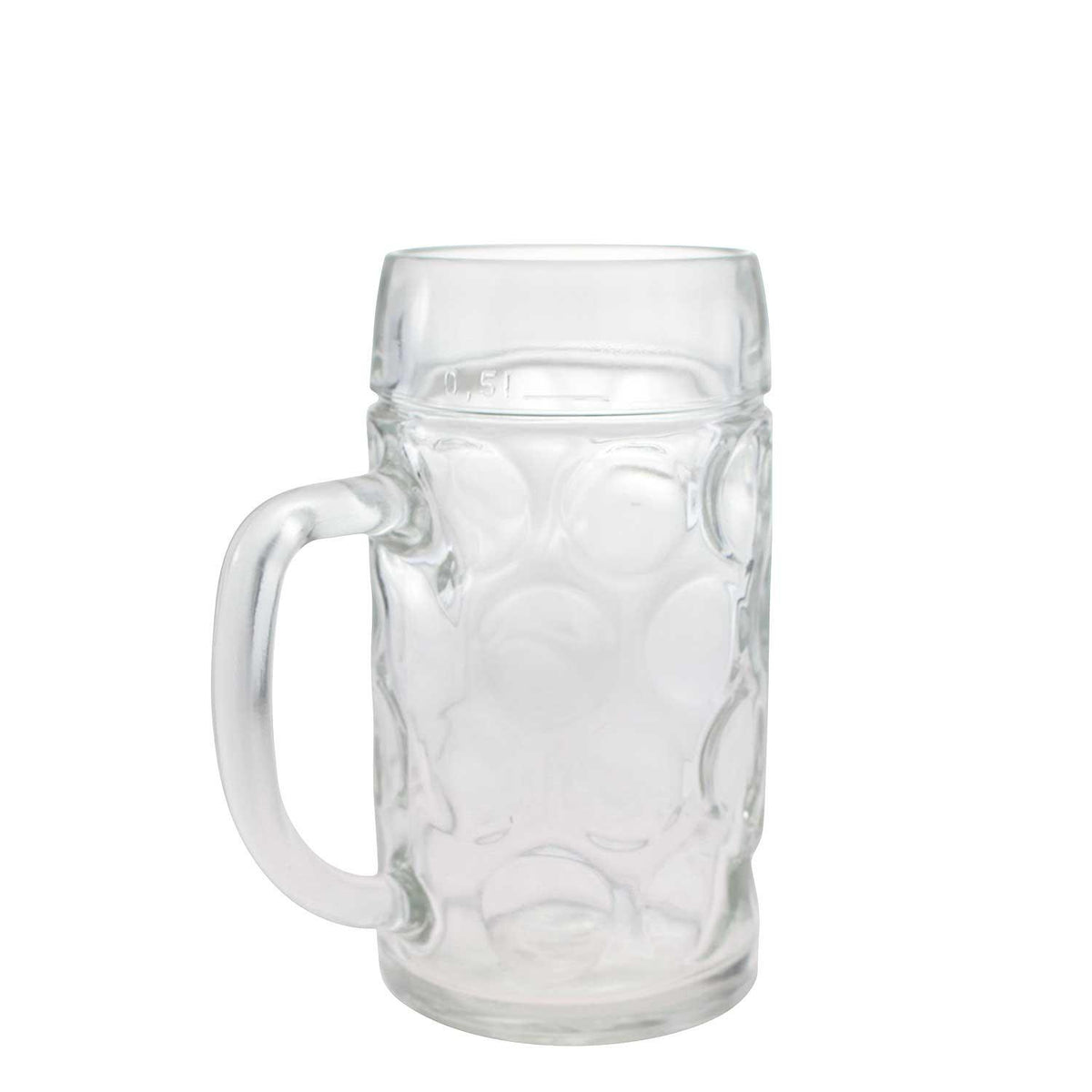 Klassischer weißer Glasbierkrug mit Fassungsvermögen 0.5 Liter und strukturiertem Griff.
