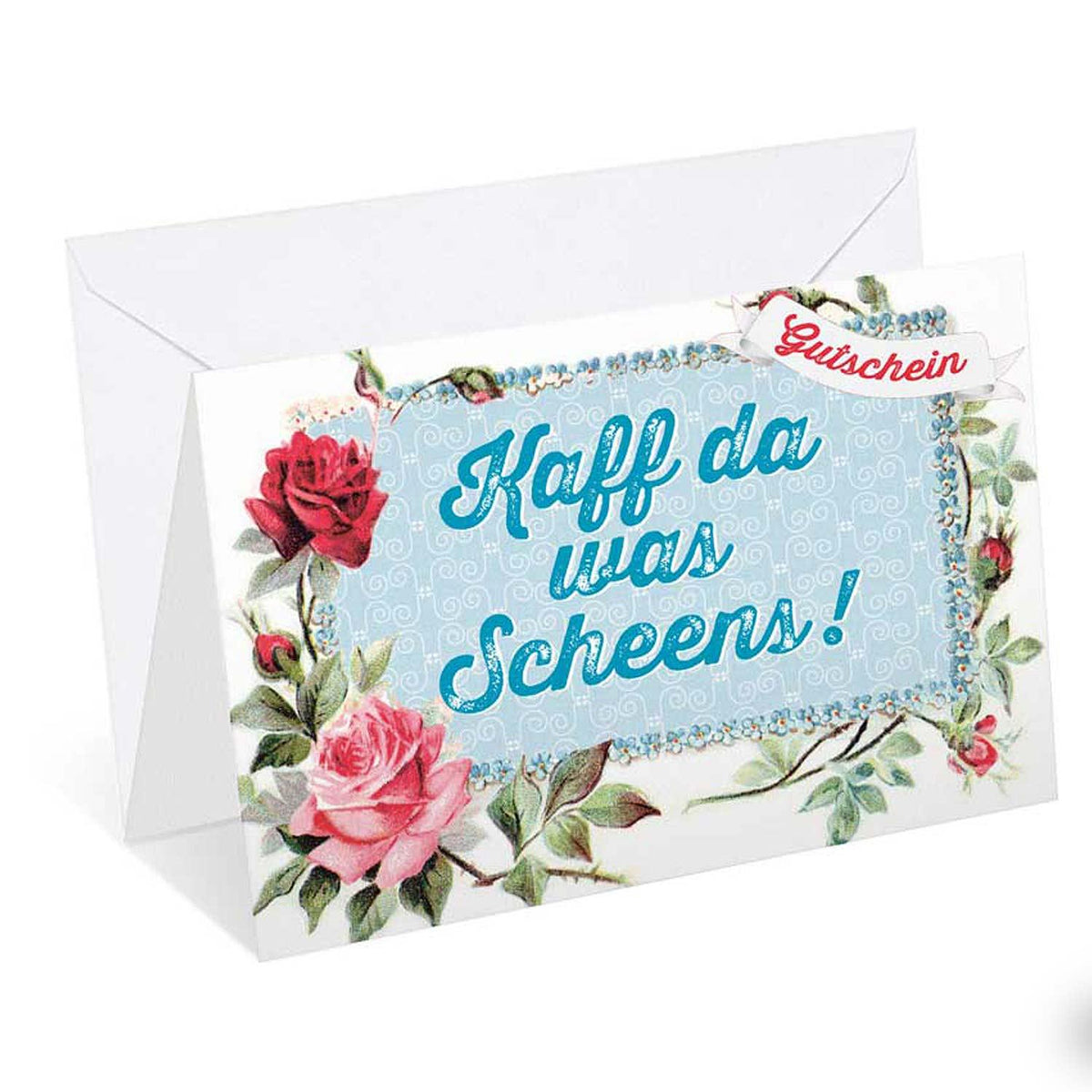 Glückwunschkarte Geldgeschenk mit Rosenmotiv, Schriftzug "Kaff da was Scheens" und passendem Umschlag.
