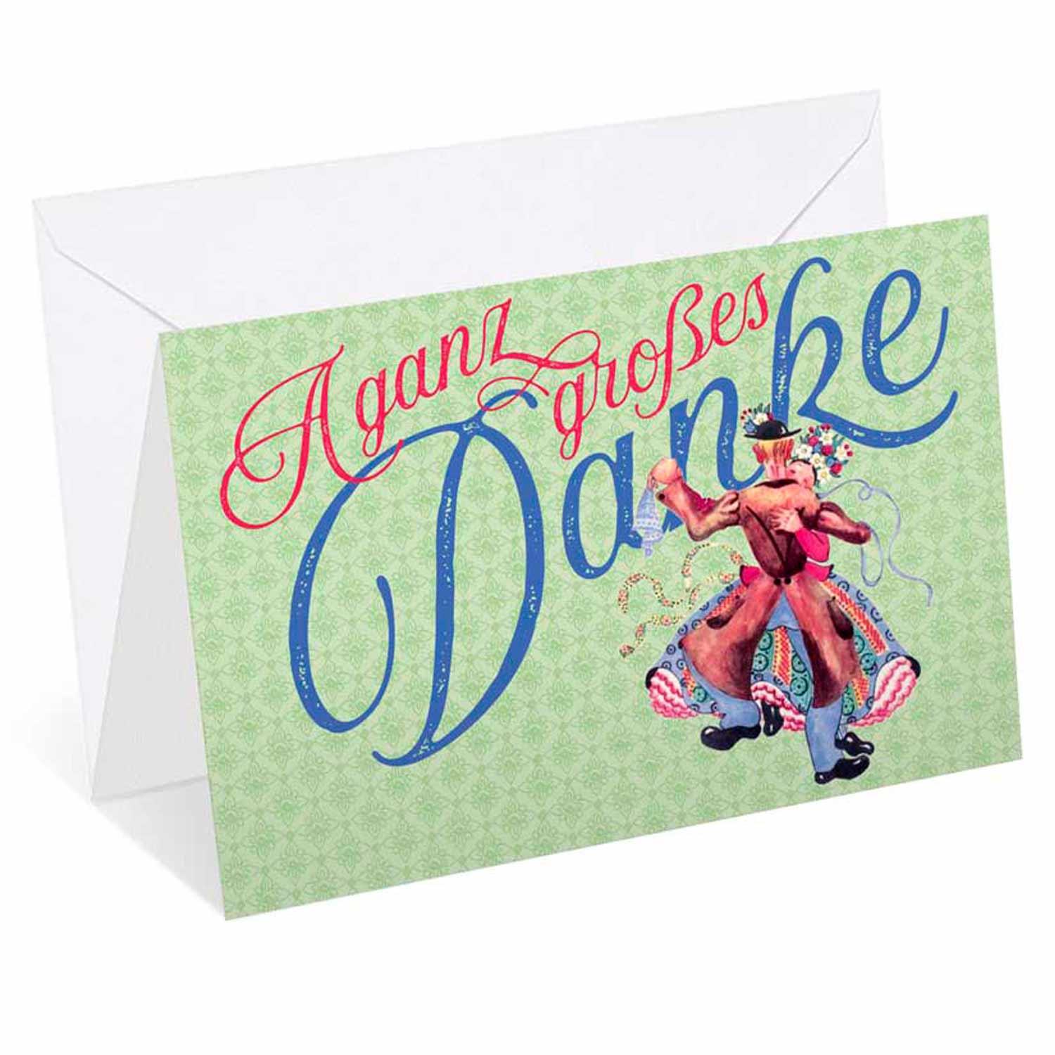 Glückwunschkarte "Großes Danke" mit bayerischem Tanzpaar und floralem Muster, dazu ein passender weißer Umschlag.