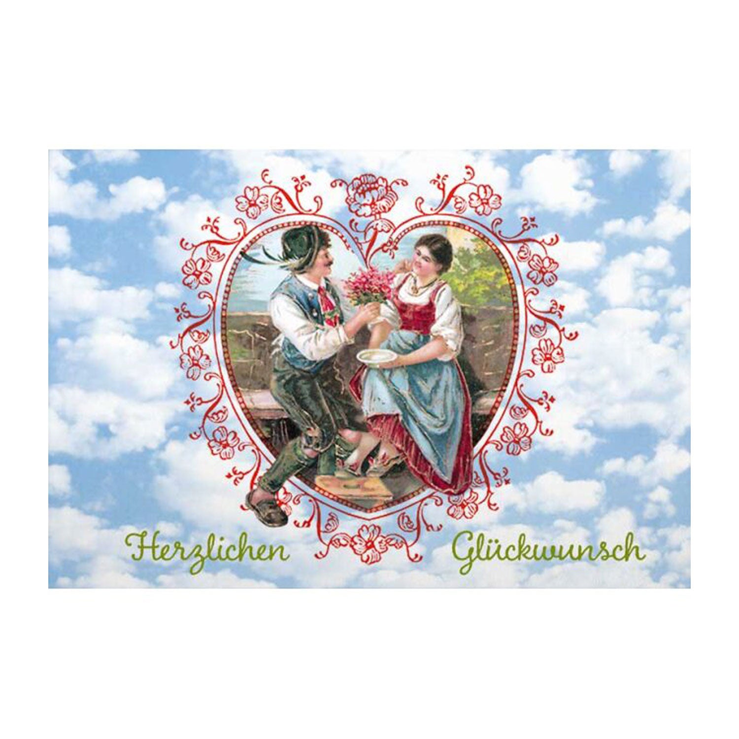Glückwunschkarte Herzlichen Glückwunsch mit Trachtenpaar im Herzrahmen vor blauem Himmel.