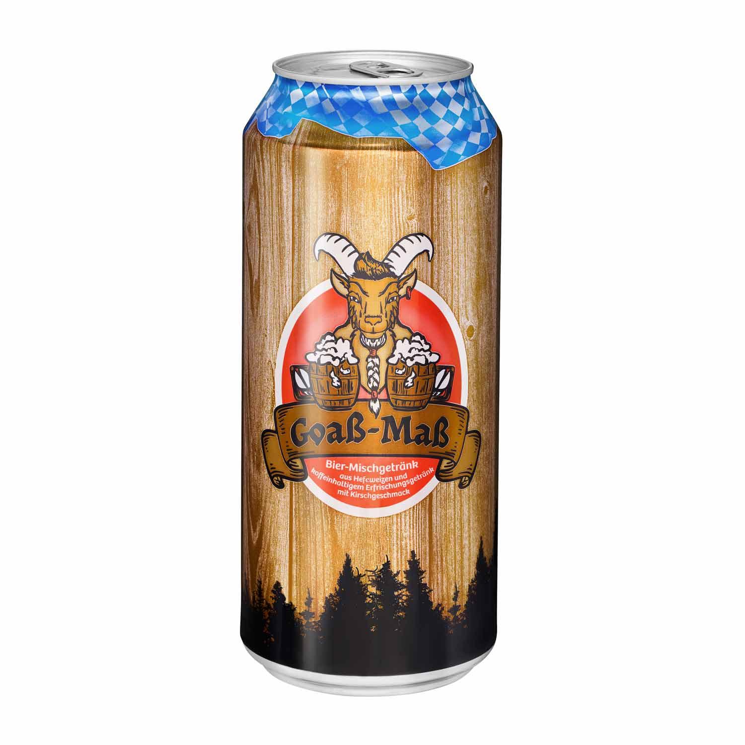 Goaß-Maß XXL-Dose 1l mit Ziegen-Logo und Holzmaserung-Design, blau-weiß kariert oben.