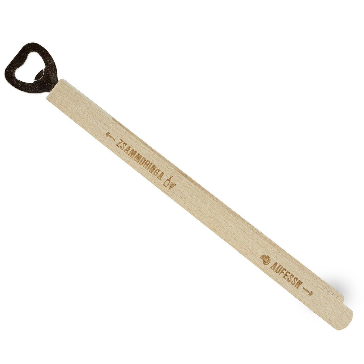 Holzgrillzange aufessen - zsammdringa mit integriertem Flaschenöffner und Lasergravur für Grillspaß.
