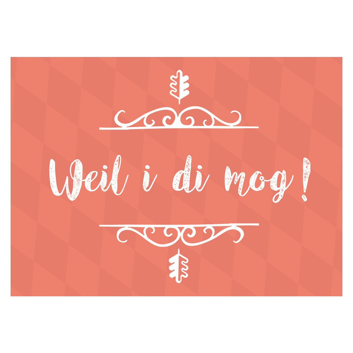 Rote Grußkarte "Weil i di mog!" mit weißer Schrift, geschwungenen Linien und Eichenblatt-Design, bayerisch.