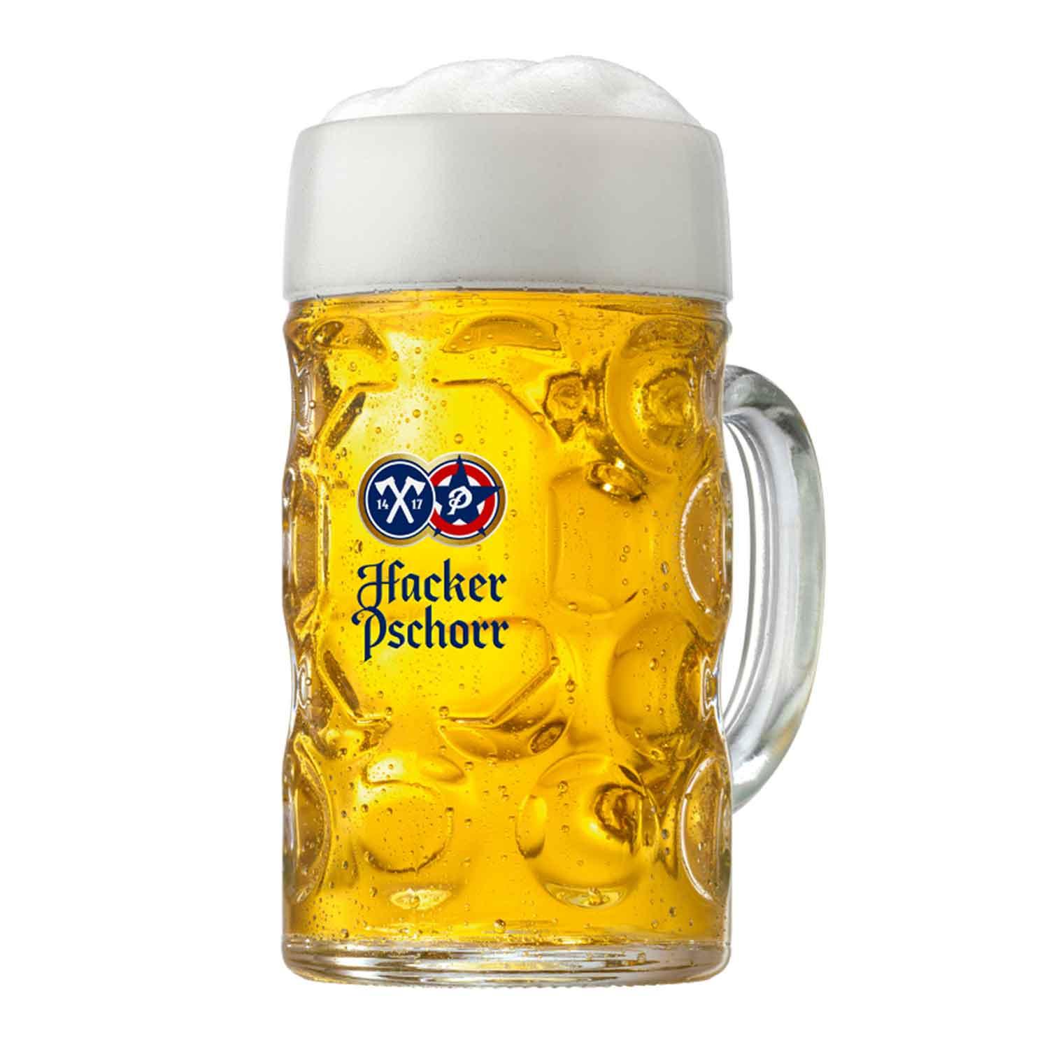 Gefüllter Bierkrug Hacker Pschorr mit goldenem Bier und Schaumkrone, Details der Oktoberfest-Box Hacker Pschorr 2