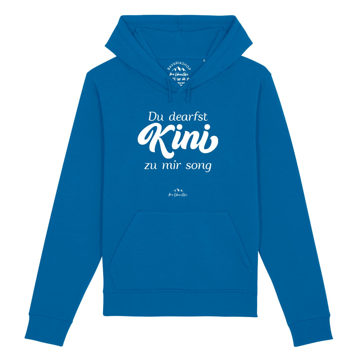 Herren Hoodie "Du dearfst Kini zu mir sogn" in leuchtendem Blau mit weißer bayerischer Aufschrift.