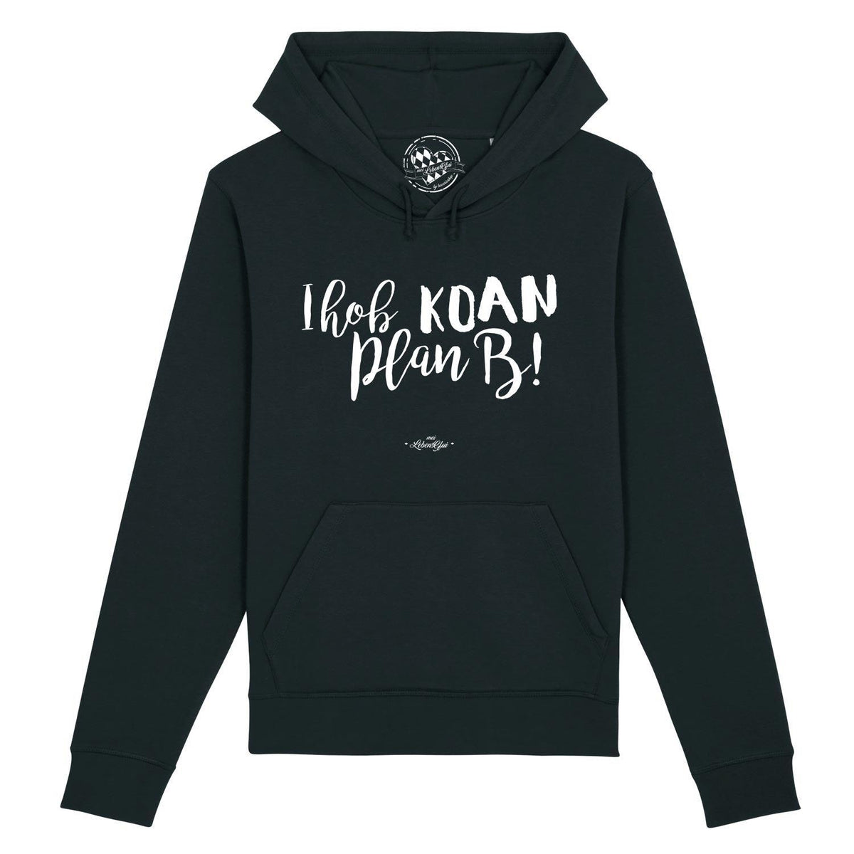 Schwarzer Herren Hoodie Koan Plan B mit weißem Schriftzug, Kängurutasche und Kapuze.