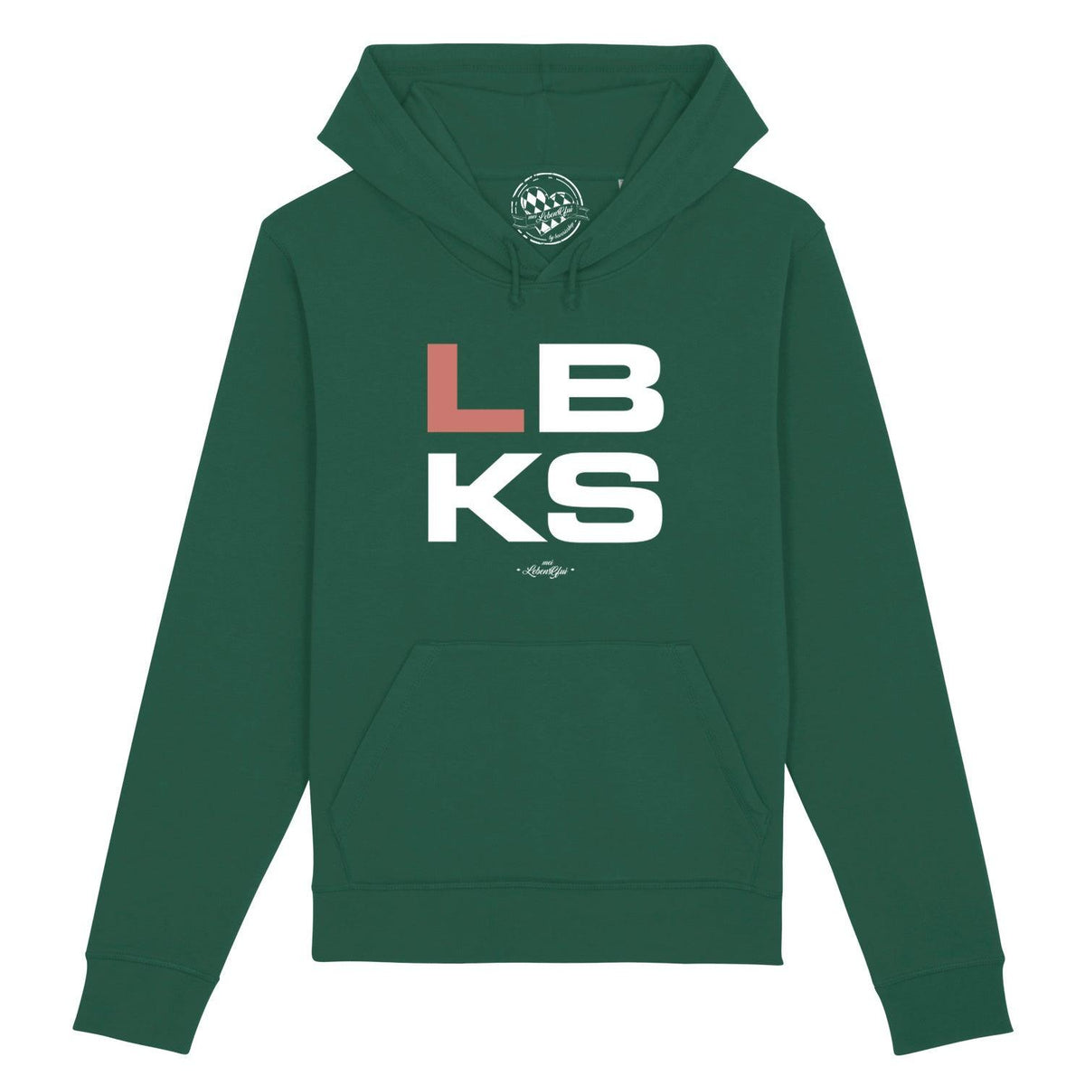 Grüner Herren Hoodie "LBKS" mit weiß-rotem Schriftzug auf der Brust und Kängurutasche.