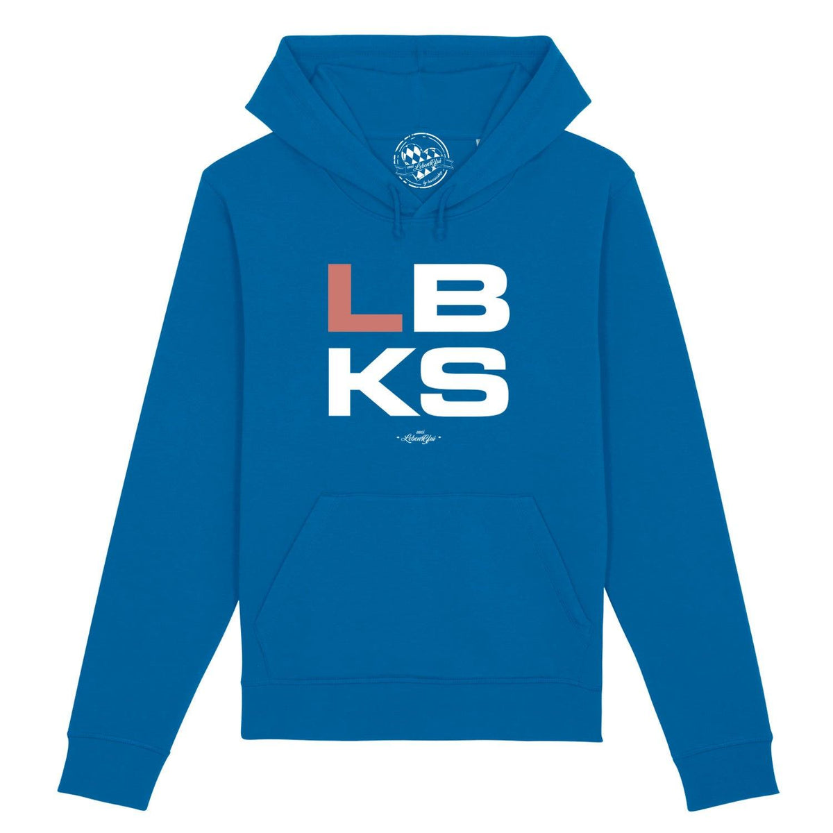 Blauer Herren Hoodie LBKS mit Kapuze und Bauchtasche, großer weiß-oranger Schriftzug auf der Brust.