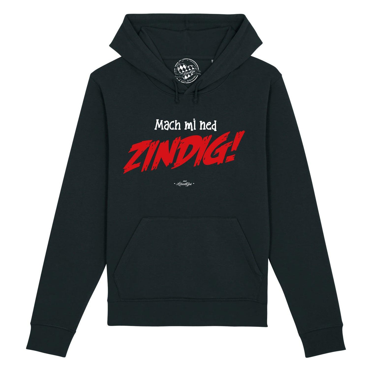 Dunkelblauer Herren Hoodie "Mach mi ned ZINDIG!" mit rotem Spruch, Kapuze, Kordeln und Kängurutasche.