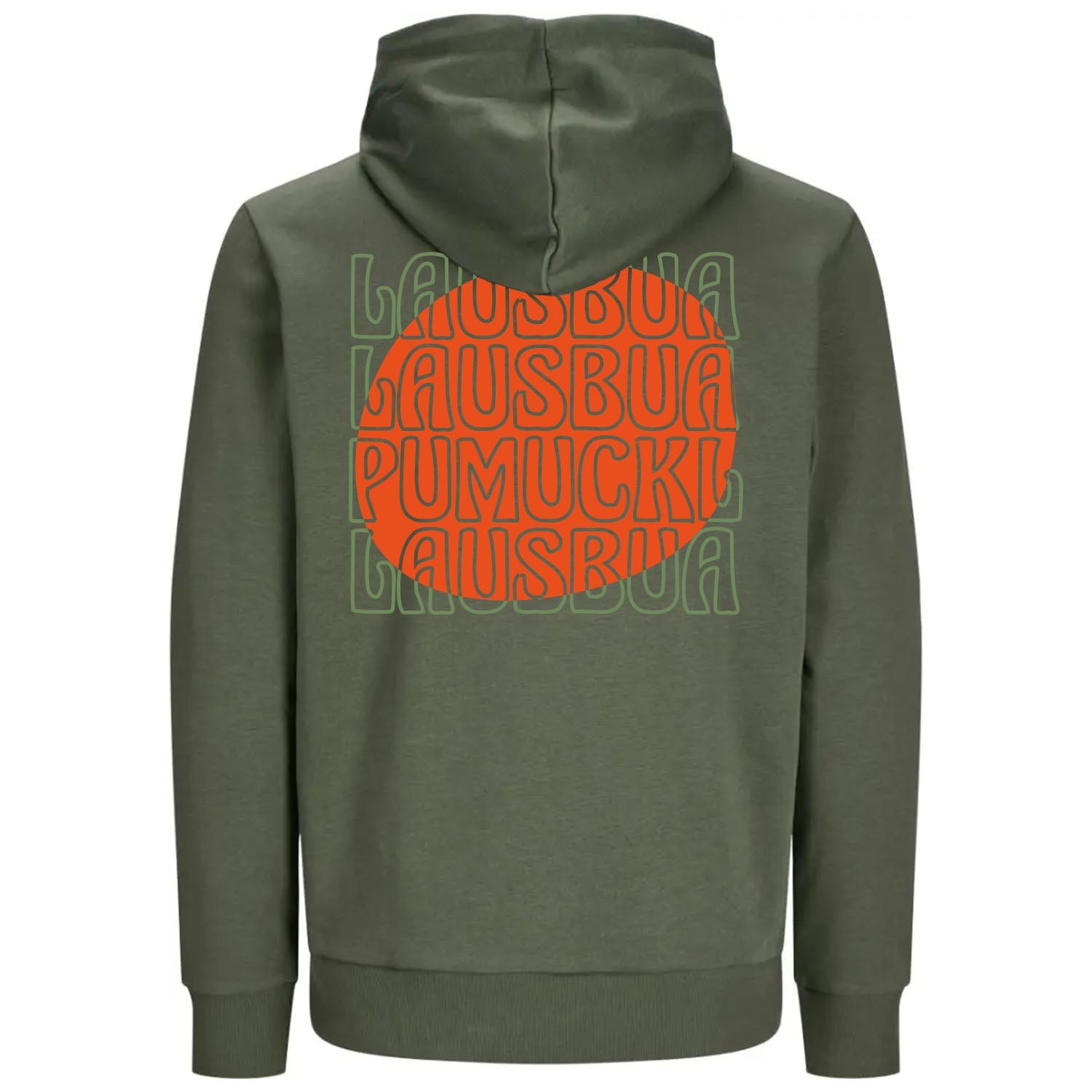 Pumuckl Unisex Hoodie "Lausbua" khaki mit orange-grünem Lausbua-Schriftzug und Kapuze für Fans