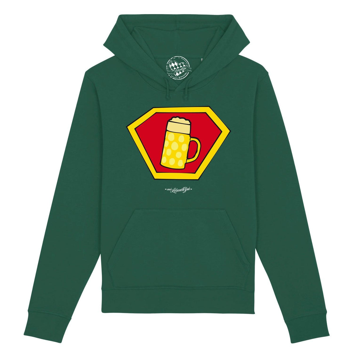 Dunkelgrüner Herren Hoodie Super-Bierkrug mit gelb-rotem Brust-Aufdruck eines Biersymbols im Comichelden-Stil.
