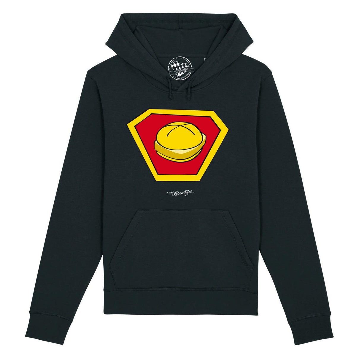 Herren Hoodie Super-Lewakaas in Dunkelblau mit Superman-Logo und Leberkäs Motiv, Kapuze, Kängurutasche.