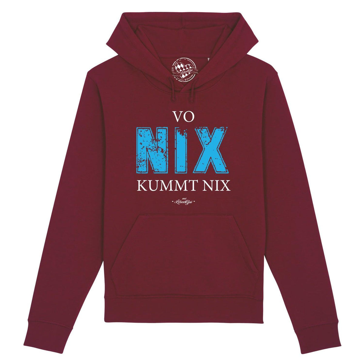 Herren Hoodie Vo nix kummt nix in Bordeauxrot mit blauem Spruch-Print und Kängurutasche.