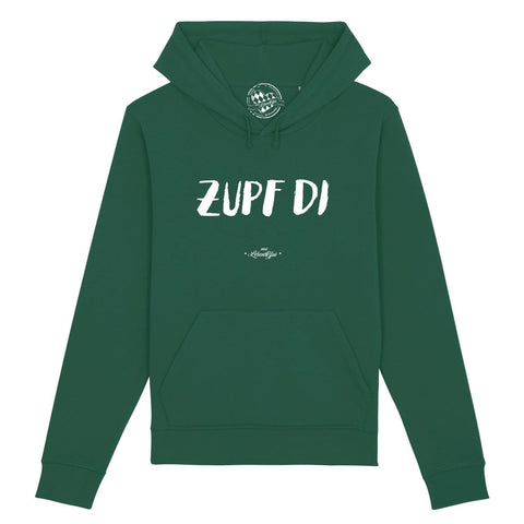 Dunkelgrüner Herren Hoodie Zupf di mit weißem Print und Kapuze, aus weicher Bio-Baumwolle.