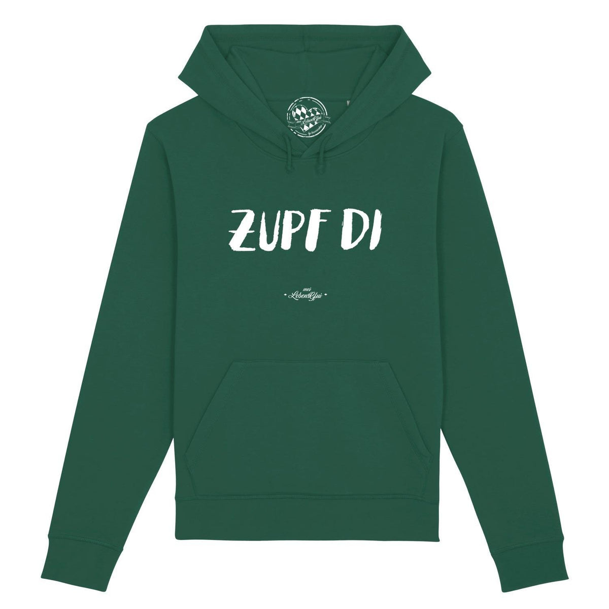 Dunkelgrüner Herren Hoodie Zupf di mit weißem Print und Kapuze, aus weicher Bio-Baumwolle.