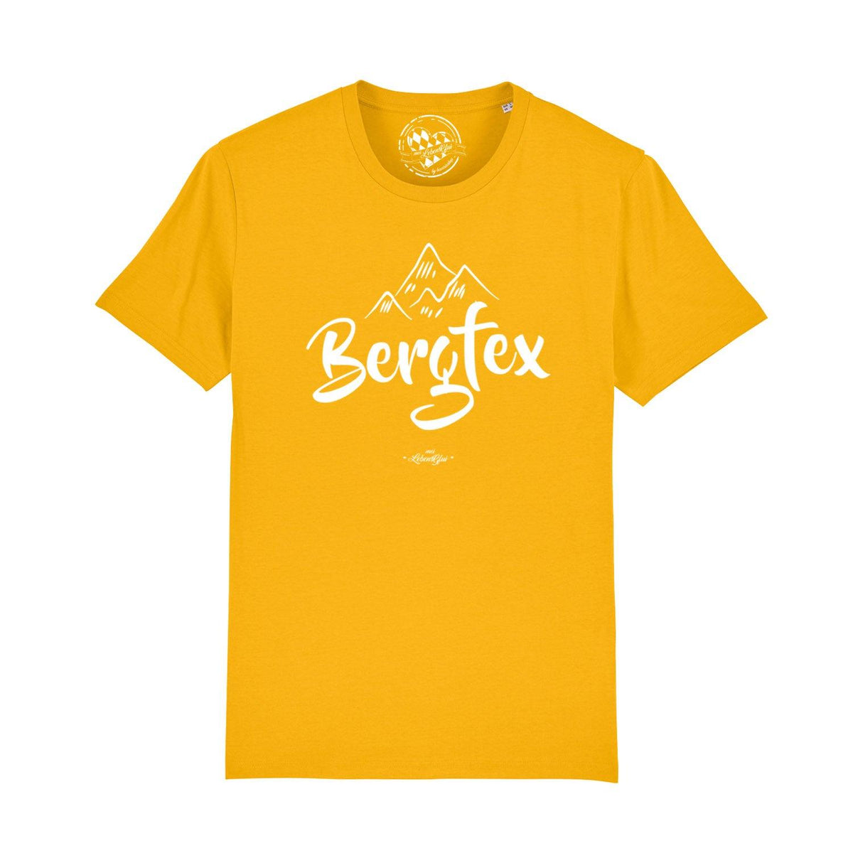 Gelbes Herren T-Shirt "Bergfex" mit weißem Bergmotiv und Schriftzug auf der Brust.