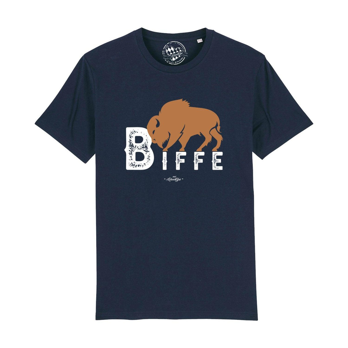 Dunkelblaues Herren T-Shirt "Biffe" mit großem, braunem Bison-Motiv und weißem Schriftzug auf der Brust.